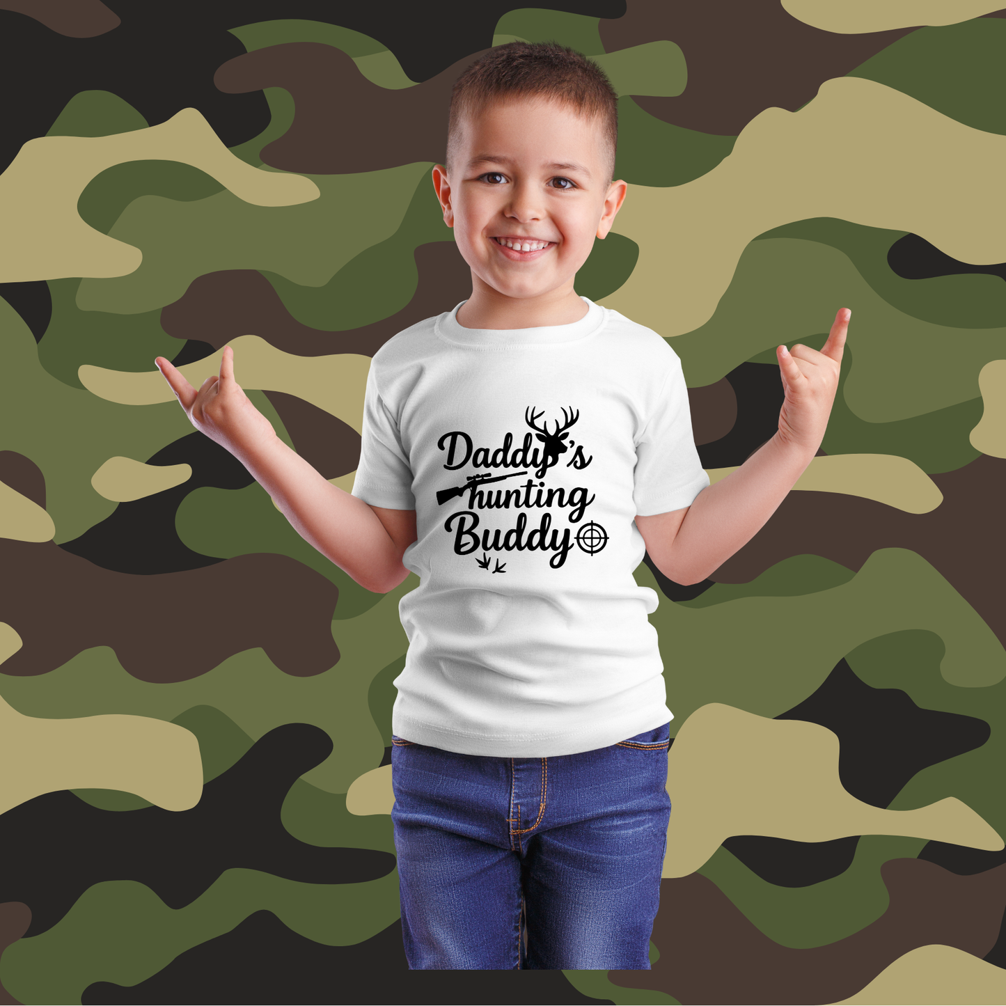 Child - Daddy's Hunting Buddy - Antlers, Rifle, Site, and Turkey Tracks