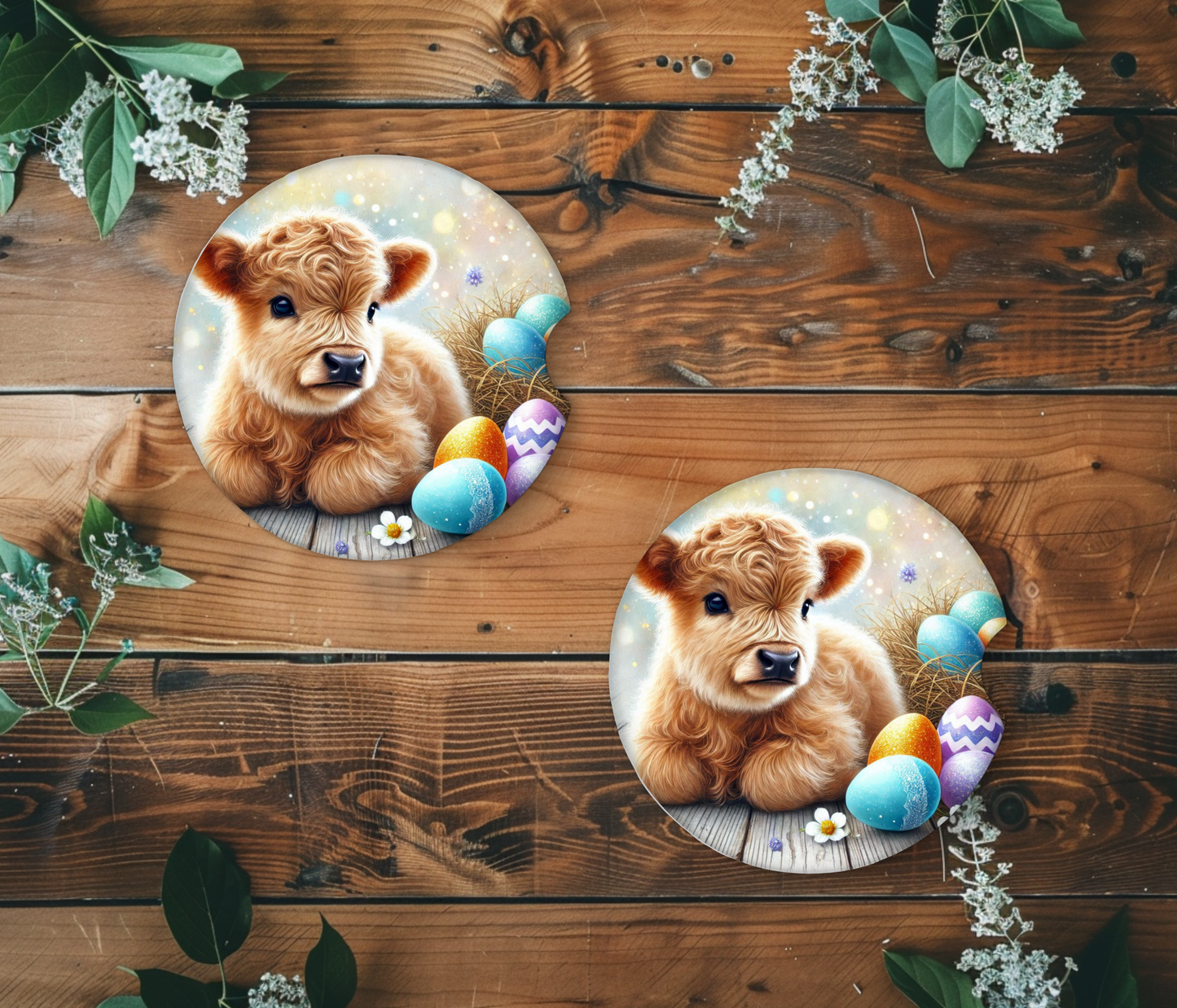 Highland Cow with Eggs Car Coaster