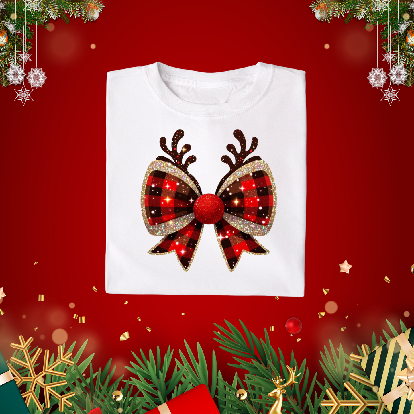 Red Plaid Reindeer Bow